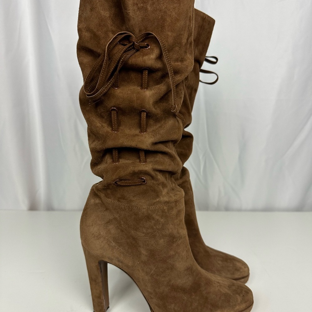 NIB Moschino Brown Suede Lace-Up Ruched Heeled Boots 7.5